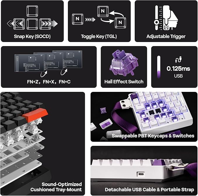 EPOMAKER HE30 One-Handed Hall Effect Keyboard 8K Polling &amp 0.125ms SOCD &amp Snap Key Adjustable Trigger PBT Keycap RGB Custom Software Wired Gaming Keyboard for PC/Gamer (White Purple)