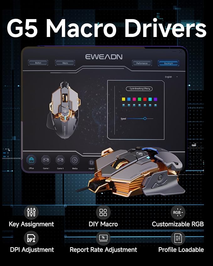 EWEADN G5 Wired Gaming Mouse Ergonomic RGB Computer Mouse 12800 Adjustable DPI 9 Programmable Macro Buttons with Rapid Fire Key Compatible for PC/Laptop/Windows-Grey