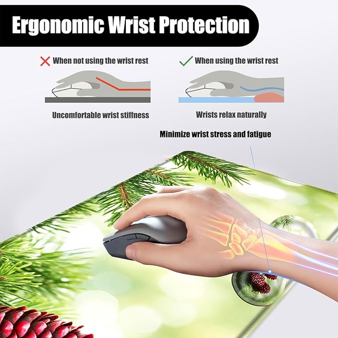 Mouse PadLarge Desk Mat Set 4in1 XL Mousepad + Keyboard Wrist Rest+Mouse Wrist Rest+Coaster with Ergonomic Desk Pad for Home Office Table Computer Cover -Pine Cones on Green Branches