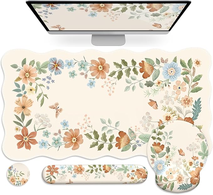 Scalloped Office Desk Cover Mat+Keyboard Wrist Rest+Mouse Wrist Rest+Coaster SetScalloped Desktop mat for Teacher Desk CoverPastel Home Office Essentials