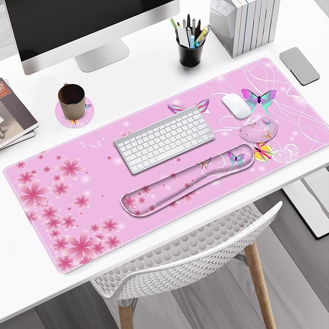 Pink Butterfly Desk Mat Florals 4 in1 Large Gaming Mouse Pad Set Ergonomics Keyboard Pad with Memory Foam Wrist Rest Extended Game Mousepad Non-Slip Desk Protector Matt Easy Typing Pain Relief