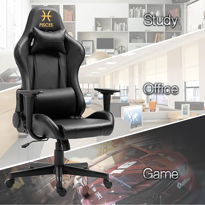 Modern-Depo Black Pisces Zodiac Gaming Chair with Ergonomic Design Adjustable Swivel Recliner 330 lbs Load Capacity