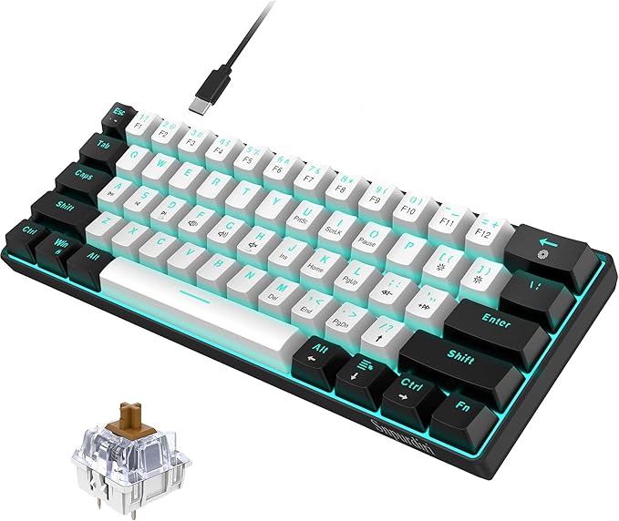 Snpurdiri 60% Wired Mechanical Gaming Keyboard Ice Blue LED Backlit 61 Keys Mini Wired Office Keyboard for Windows Laptop PC Mac (Black-White Brown Switches)