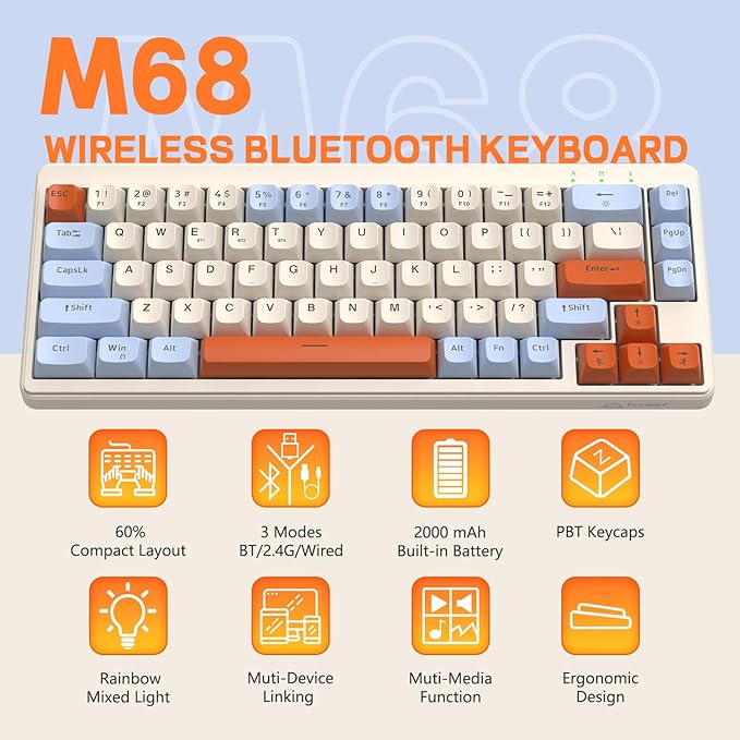 M68 65% Wireless Gaming KeyboardBluetooth/2.4GHz/ Wired Tri-Mode Silent Membrane KeyboardPBT Keycaps2000mAH Rechargeable67 Keys Rainbow LED Backlit PC Gaming Keyboard for Win/Mac-Blueberry