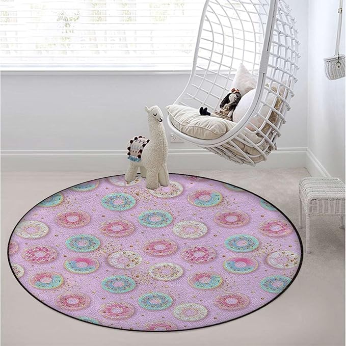 Pink Rugs Soft Non-Slip Indoor Outdoor Bedroom Home Decor Carpet Mat Yoga Mat Runner Rugs Doormat Round Rug Sweet Delicious Donuts Stars Background Diameter 39.4 in