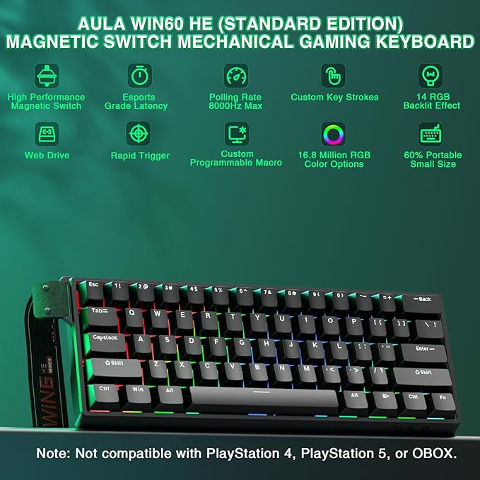 Aula WIN60 HE - 60% Mechanical Gaming Keyboard Wired Magnetic Switch Hot Swappable Adjustable Actuation Rapid Trigger Mode 8000 Hz Polling Rate RGB Small Keyboard 60 Percent Compact Design for PC