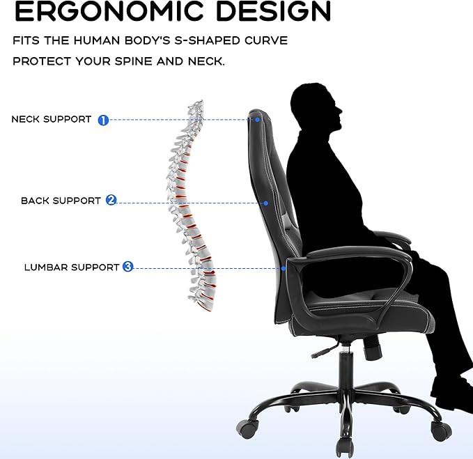 MKDLUFEI Video Game ChairErgonomic Office Chair Desk Chair and Lumbar Support PU Leather Recliner with HeadrestHeight Adjustable Computer Chair for Adults (Black)