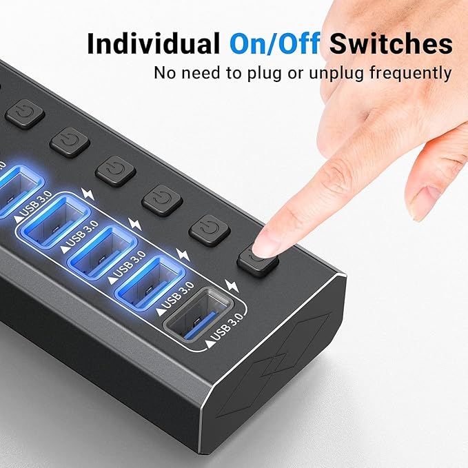 Powered USB 3.0 Hub Aluminum 10 Port USB 3.0 Data Hub with 12V/4A (48W) Power Adapter and Individual On/Off Switches &amp LEDUSB Extension for MacBook Mac Pro/Mini and More