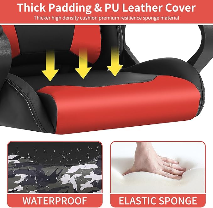BLKMTY Gaming Chair Video Game Ergonomic Office Racing Computer PU Leather Chair - High Back Executive Task with Lumbar Support Headrest Swivel Chairs Red
