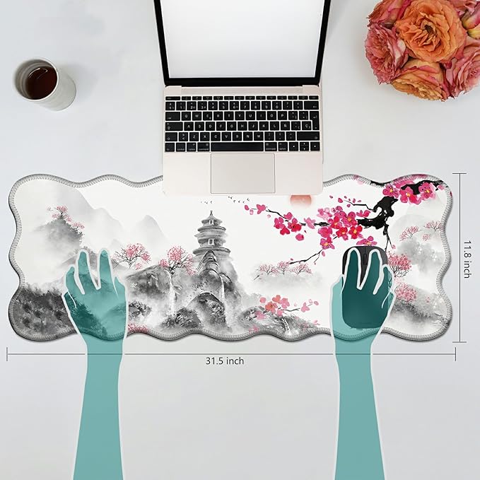 Japanese Cherry Blossom Desk Mat Mouse Pad 31.5 x11.8 XL Extended Mousepad Huge Mouse Pads with Stitched Edges Desk Pad for Work Game Office Home