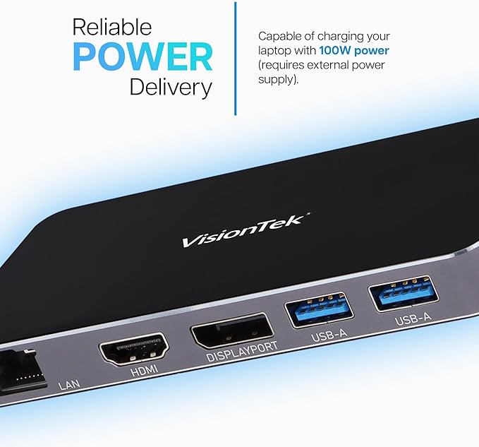 VisionTek VT400 Portable USB-C Dual Monitor Hub - 1x DP 1x HDMI 2X USB-A 1x Ethernet 1x USB-C for Windows/MacOS/ChromeOS/iOS