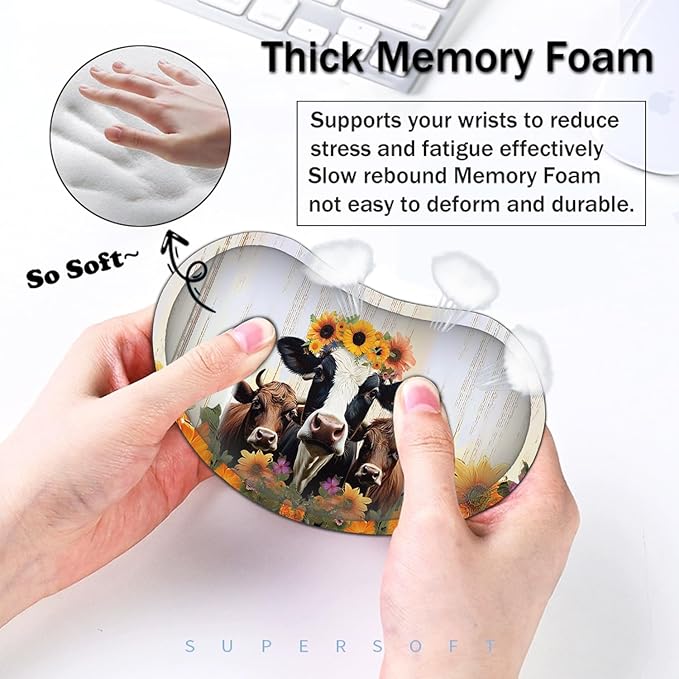 Large Mouse Pad with Mouse Wrist Rest 31.5x11.8 in Extended Mouse Mat Non-Slip PU Base Ergonomic Memory Foam Wrist Rest for Work &amp Gaming Writing Pad Sunflowers Farmhouse Cow Office Desk Pad