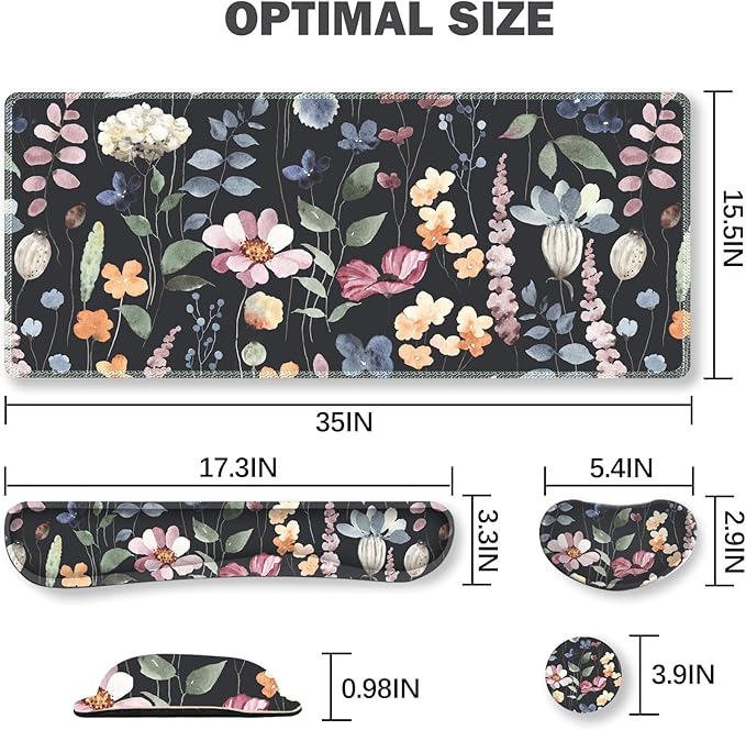 ARTSO Gaming Mouse Pad Wrist Support Set XXL Large Desk Mat Mousepad + Keyboard Wrist Support+ Mouse Wrist Rest+Coaster 4in1 Ergonomic Memory Foam Stitched Edge for Home Office -Flowers Plants