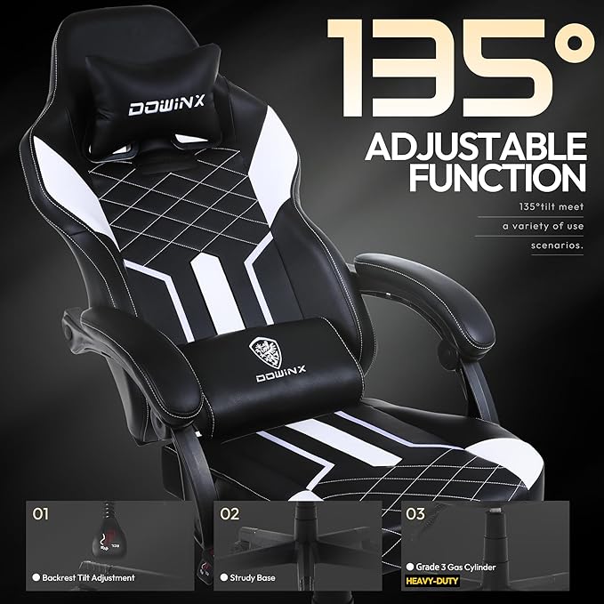 Dowinx Gaming Chair with Pocket Spring Cushion High Back Ergonomic Computer Chair PU Leather 350 LBS Black and White