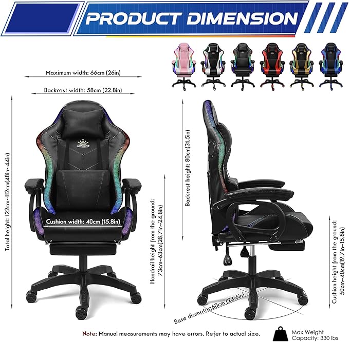 Massage Gaming Chair with Speakers Video Game Chair with RGB LED Lights Ergonomic Racing Office Chair PU Leather Recliner Computer Chair Swivel Chair with Headrest Armrest Lumbar SupportPink