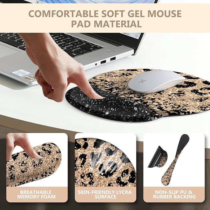 iLeadon Mouse Pad Set Desk Mat + Mouse Pad with Wrist Rest + Keyboard Wrist Rest + Coaster 4in1 Leopard Mouse and Keyboard Pad Set for Home Office Black Gold Leopard