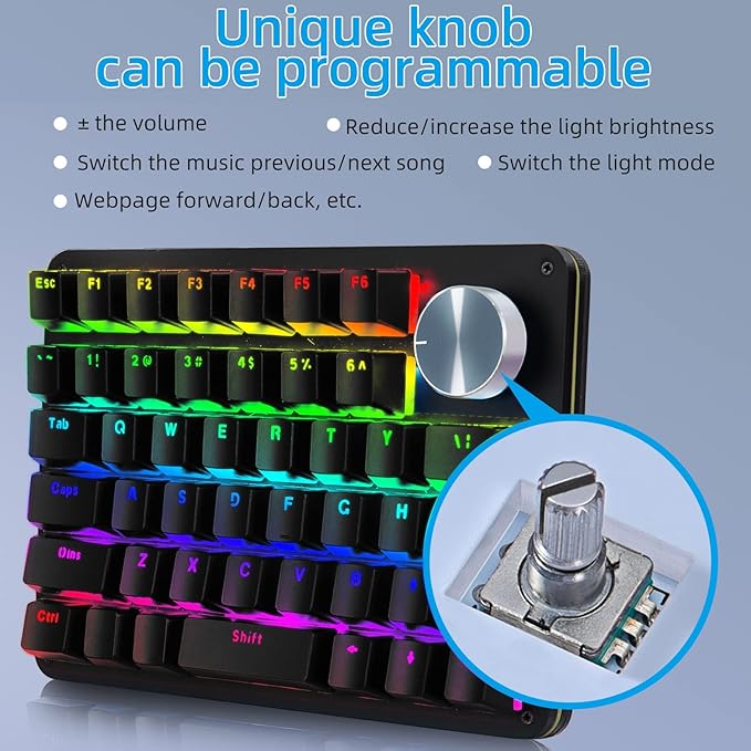 Koolertron One Handed Mechanical Gaming Keyboard 45-Key Fully Programmable Mini Keypad Mini USB Macro Keyboard with Rotating Knob RGB Backlit Red Switches for Windows PC Gamers