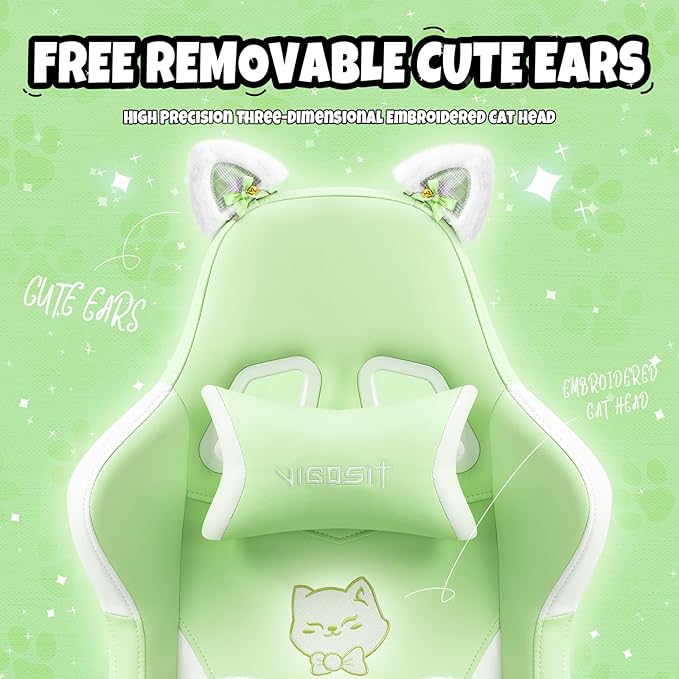 Cute Cat Ears Gaming Chair for Women Girls - Ergonomic PU Leather Office Chair with Footrest cat paw Pillow 360° Swivel Recliner Green