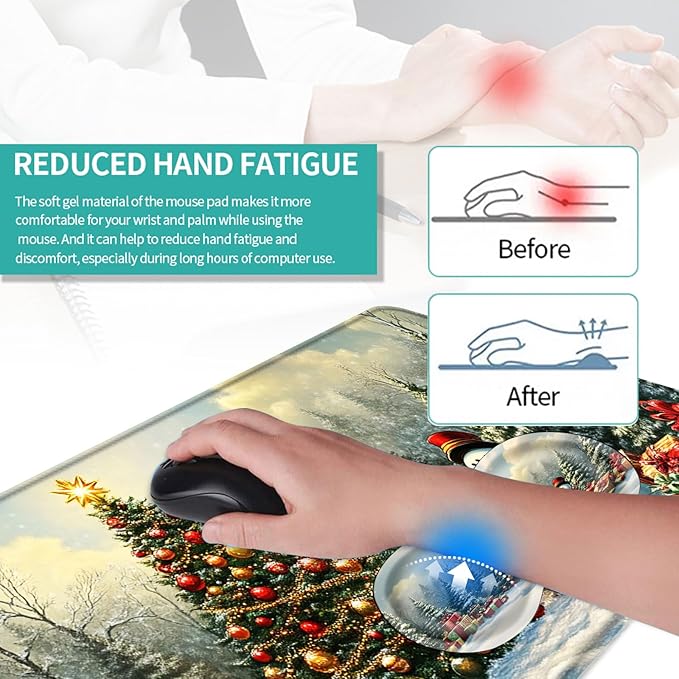 Keyboard Mouse Pad Set Extended Gaming Mouse Pad+Ergonomics Keyboard Wrist Rest Support Memory Foam Easy Typing Pain Relief 4Pcs XL Ultra Thick Desk MatChristmas Tree Snowman