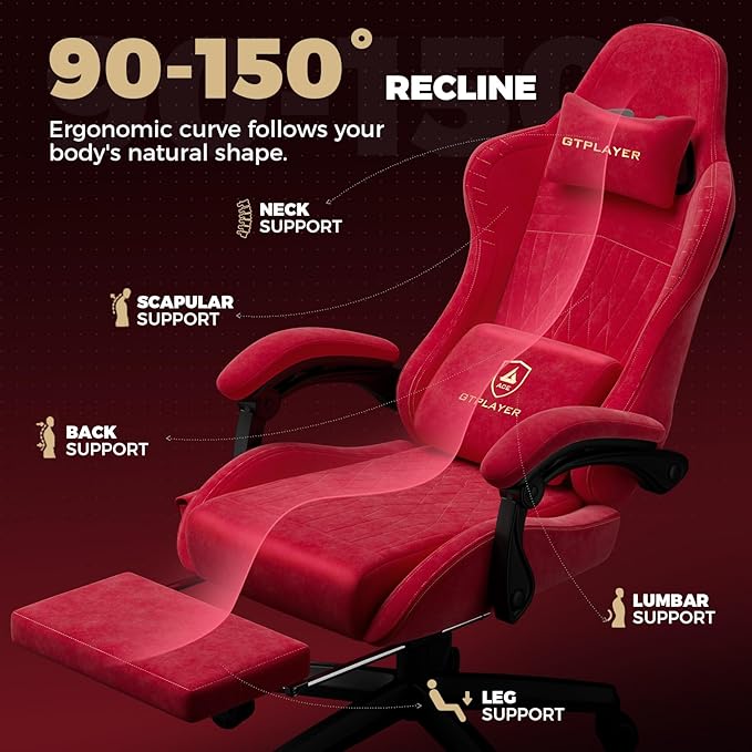 GTPLAYER ACE-PRO Music Gaming Chairs – Built-in Speakers App Support &amp Bluetooth Control Computer Game Chairs with Footrest for Adults Ergonomic Reclining Linkage Armrest Cherry Red 【Velvet】