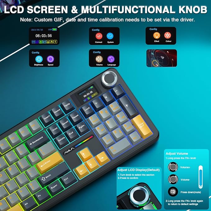 AULA F108 PRO - Wireless Mechanical Keyboard with Screen&ampKnobHot Swappable Gaming Keyboard with 8000mAh BatteryPre-lubed SwitchesRGB BacklitPBT Keycaps Creamy Sounding Computer Keyboards104 K