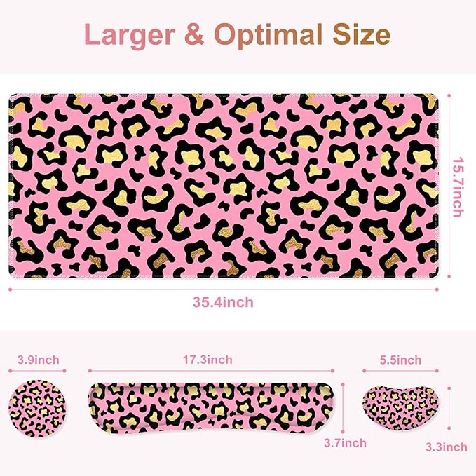 Large Gaming Mouse Pad Set 4 in 1 Extended Keyboard Desk Mat with Wrist Rest PC Computer Game Mousepad Set Non-Slip Desk Pad Easy Typing Pain Relief for Home Office I Pink Leopard Print