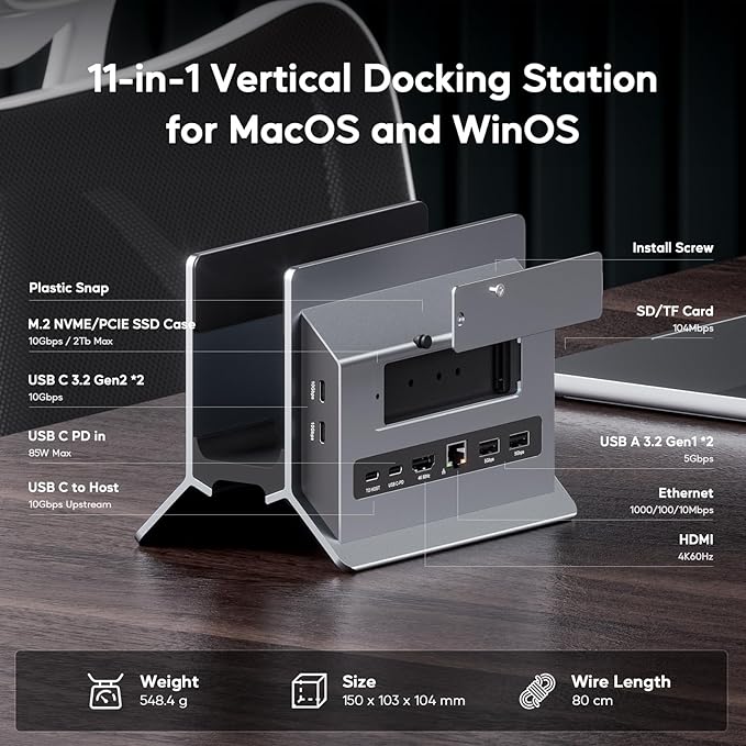 MacBook Pro Air Docking Station Vertical USB C Laptop Docking Station with M.2 SSD Slot HDMI 4K@60Hz 4 USB A/C Max 10Gbps Ethernet SD/TF PD Dock for MacBook/USB-C Win Laptops - Grey