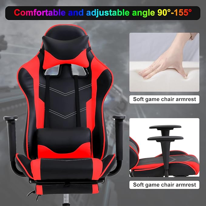 Gaming Chair Computer Chair Ergonomic Gaming Chair with Footrest Reclining High Back Video Game Chair with Lumbar Support Headrest Armrest Swivel Seat for Women Men (Red)