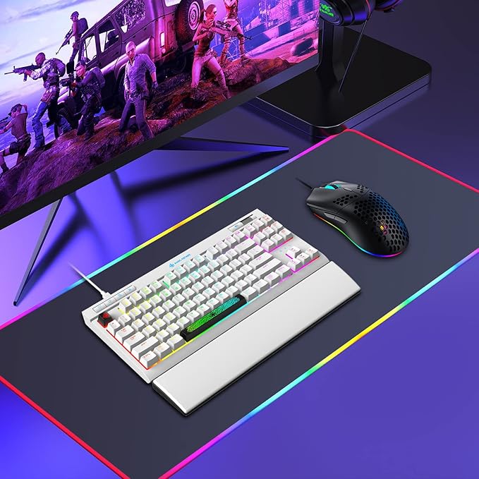 ZIYOU LANG Mechanical Gaming Keyboard87 Keys Chroma RGB LED BacklitWhite Computer KeyboardPU Wrist RestMultimedia KeysAnti-ghosting KeysWaterproof Light Up USB Wired Keyboard for PC Mac Xbox