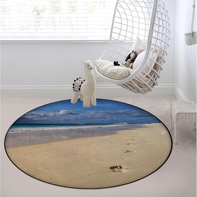 Blue and Beige Chair Mat for Hardwood Floor Round Floor Mats for Office Chair Computer Gaming Desk Mat for Rolling Chair Non-Slip Landscape of The Sandy Sea Shore Cloudy Diameter 35.4 in