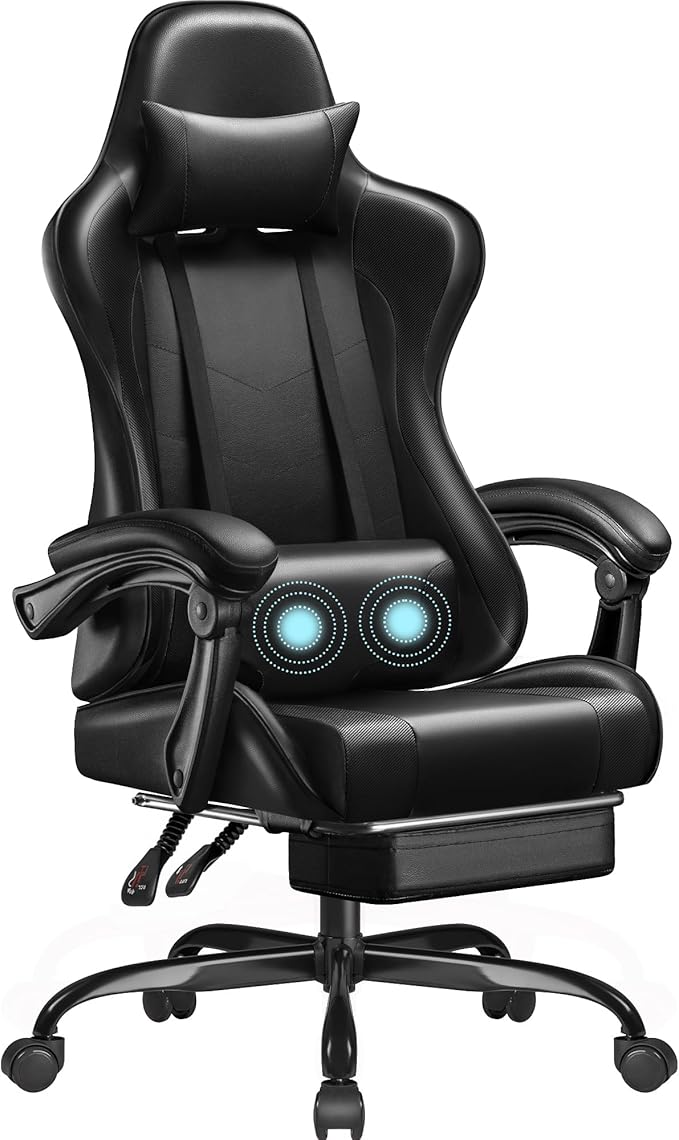 Homall Gaming Chair Video Game Chair with Footrest and Massage Lumbar Support Ergonomic Computer Chair Height Adjustable with Swivel Seat and Headrest (Dark Black)