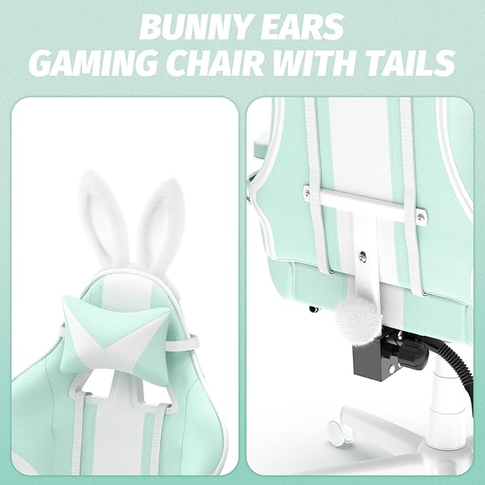 Ferghana Kawaii Light Green Gaming Chair with Bunny Ears Ergonomic Cute Gamer Chair with Footrest and Massage Racing Reclining Leather Computer Game Chair for Girls Adults Teens Kids