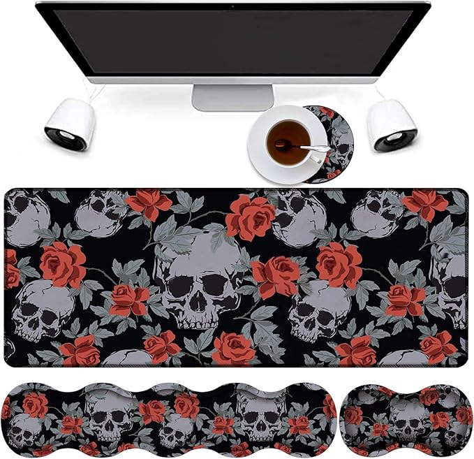 4 in 1 Mouse Pad Combo Large Gaming Mouse Pad + Keyboard Wrist Support + Mouse Wrist Rest + Coaster Table Pad with Stitched Edge Memory Foam Ergonomic Wrist Pad Set Human Skulls Vintage Roses