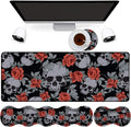 4 in 1 Mouse Pad Combo Large Gaming Mouse Pad + Keyboard Wrist Support + Mouse Wrist Rest + Coaster Table Pad with Stitched Edge Memory Foam Ergonomic Wrist Pad Set Human Skulls Vintage Roses