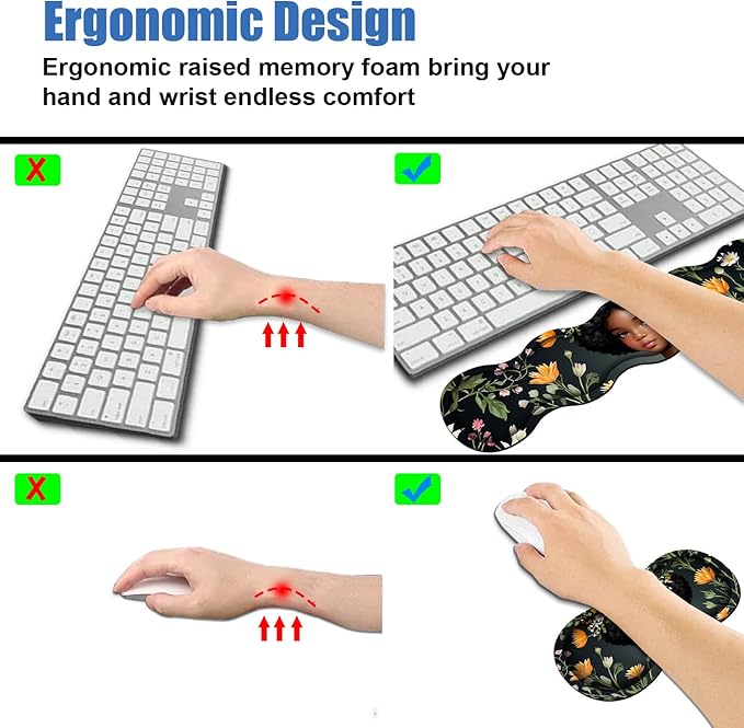 4 in 1 Ergonomic Memory Foam Mouse Pad Wrist Rest Set Large XXL Gaming Desk Pad + Keyboard Wrist Rest + Mouse Wrist Cushion + Coaster for Home Office Study Gaming African American Black Girl