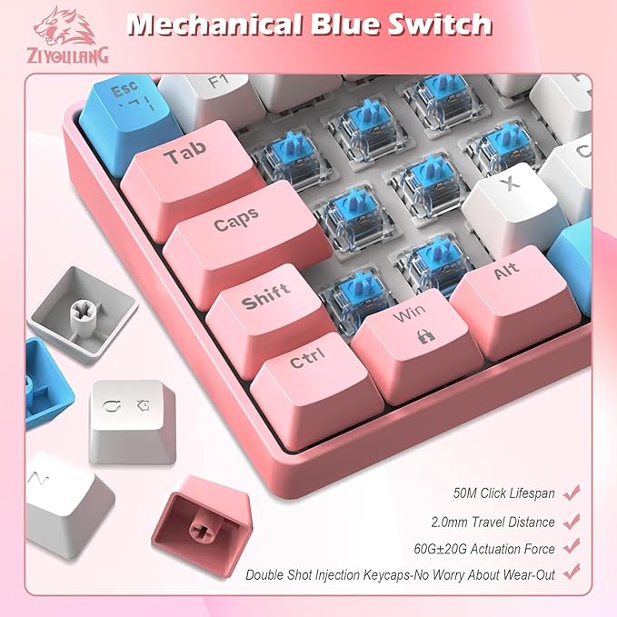 ZIYOU LANG RK-T60 Wired Mechanical Gaming Keyboard Mini Portable with Rainbow Backlit 62Key ABS Keycaps Full Anti-Ghosting Ergonomic Design Coiled Aviator Cable for PS4/PC/WIN Gamer(Pink/Blue Switch)