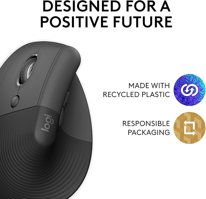 Logitech Lift Left Vertical Ergonomic Mouse Left-Handed Wireless Bluetooth or Logi Bolt USB Quiet clicks 4 Buttons Compatible with Windows/macOS/iPadOS Laptop PC - Graphite (Renewed)