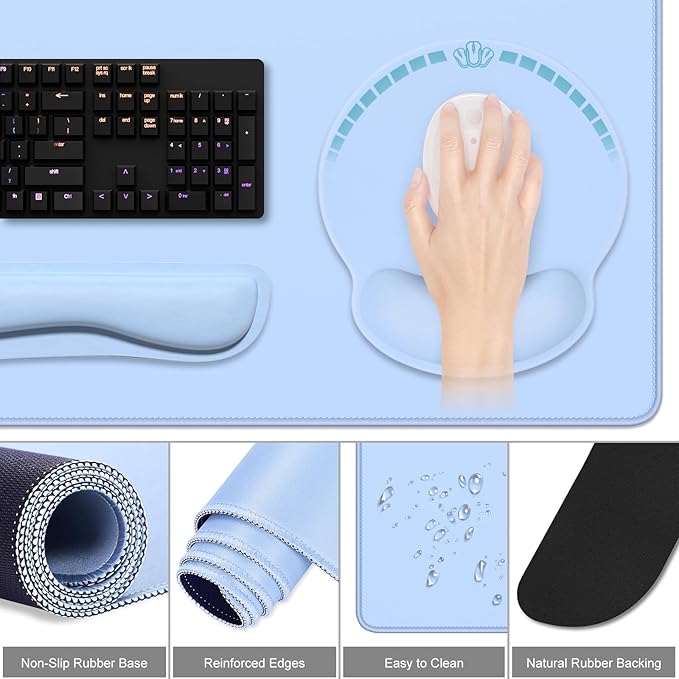 Dapesuom Large Gaming Mouse Pad Mouse Pads with Wrist Rest Wrist Support 4in1 Big XXL Desk Mat Desk Pad + Ergonomic MousePad + Memory Foam Keyboard Mat Wrist Rest + Coaster Set for ComputerSky Blue