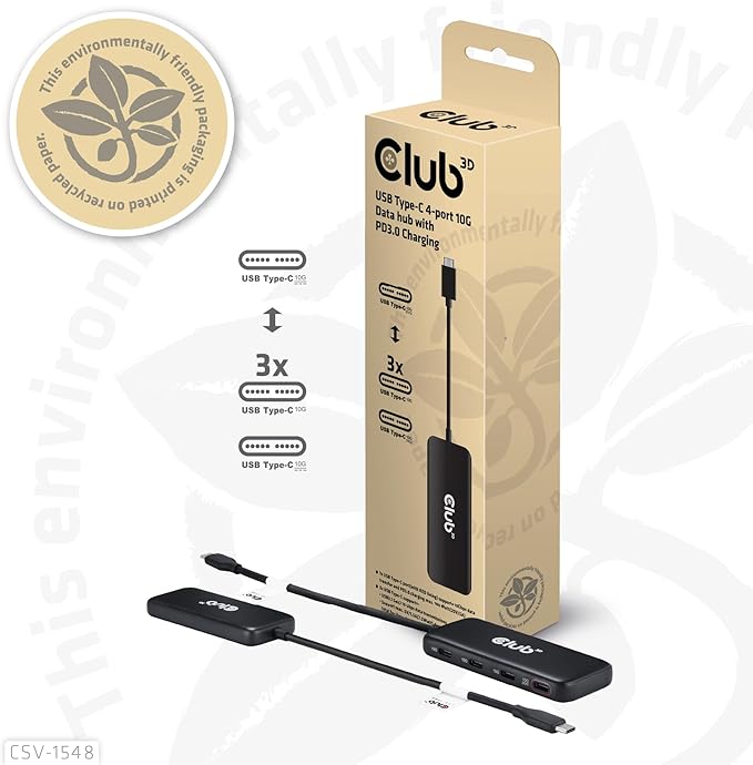 Club 3D CSV-1548 USB Type-C Hub with 4 Ports 10G Data Transfer PD3.0 Charging- Compatible with Gen2 USB Peripherals- 10Gbps Data Transfer Rate