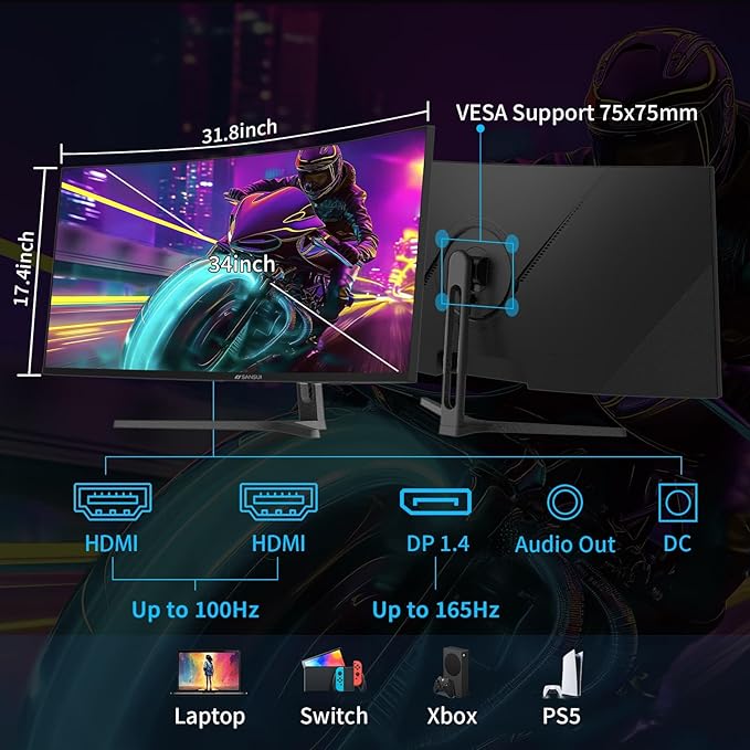 SANSUI 34-Inch Curved Gaming Monitor UWQHD 3440 x 1440 Up to 165Hz Curved 1500R - PIP/PBP 1ms(MPRT) HDR 300nits sRGB 125% DCI-P3 95%FreeSyncHDMIx2DP1.4(Cable Included)