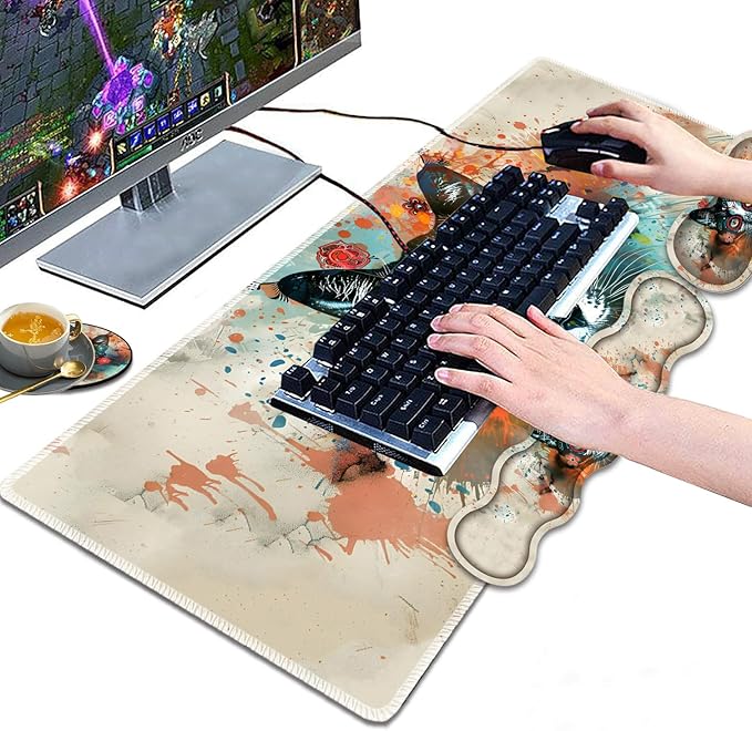 Large Gaming Mouse Pad Keyboard Wrist Rest Pad + Mouse Wrist Pad + Coaster 4 in 1 Set Extended Waterproof Non-Slip Desk Mat Suitable for Office Home Learning Games Artistic Cat Face