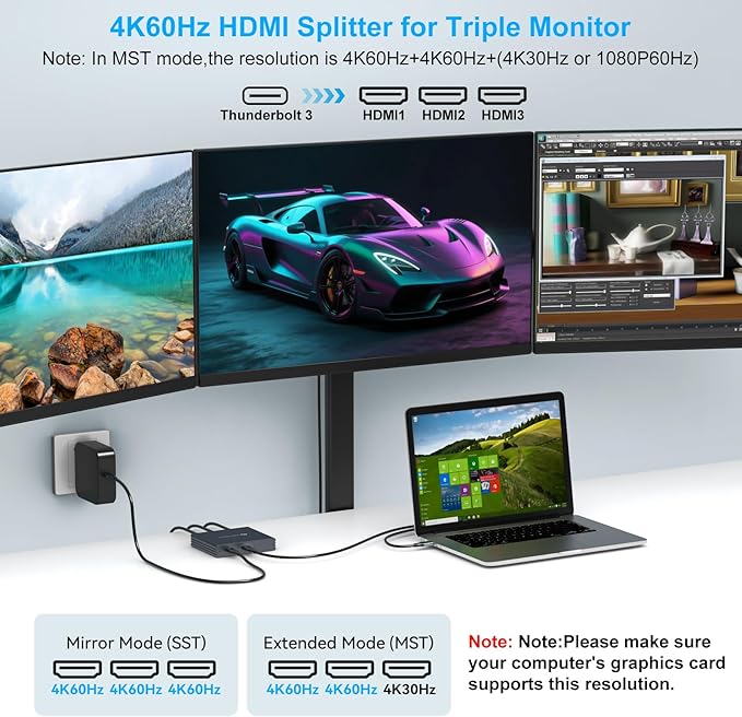 USB C to 3 HDMI Adapter 4K60Hz HDMI Splitter Extended Display 3 Monitors MST HUB USBC Splitter 1 in 3 Out with 100W PD Charging Compatible with LaptopPCUSB-C Graphics Card