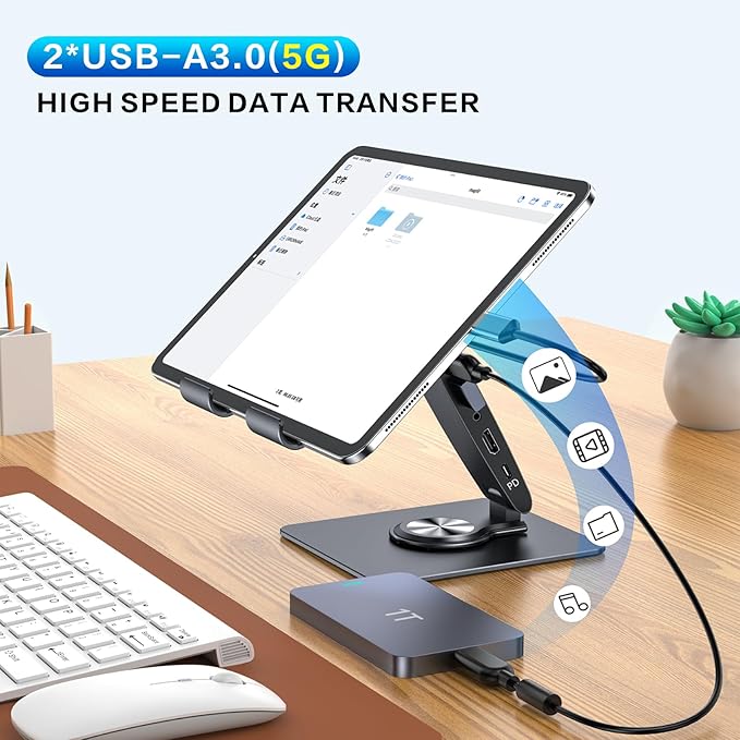 Adjustable Tablet Stand with USBC Hub 7-in-1 Aluminum Tablet Holder with Docking Station 360° Swivel Base 4K HDMI 100W PD Charging USB 3.0 SD/TF Reader 3.5mm Audio for iPad with USB-C Port