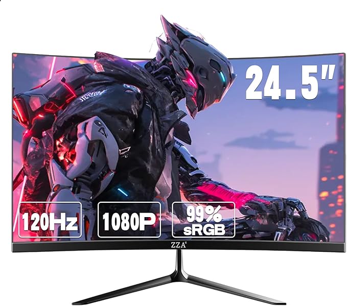 ZZA 24.5 Inch FHD (1920x1080) 120Hz Curved Gaming Monitor 3000R Curvature VA Panel 1ms MPRT AMD FreeSync Ultra-Thin Bezel Eye Care for EsportsPC