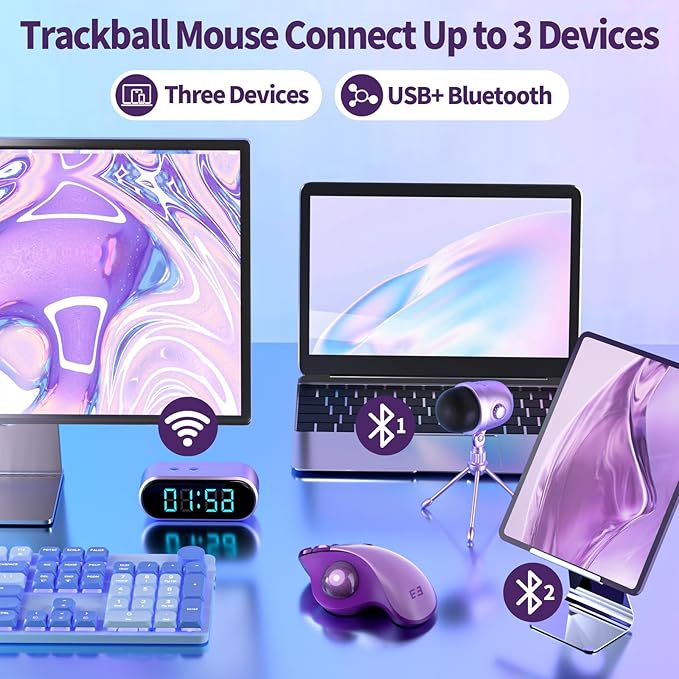 seenda Wireless Trackball Mouse Bluetooth - Ergonomic Rollerball Mouse Rechargeable 3 Device Connection Optical Mice Adjustable DPI Thumb Control Mice Compatible for Mac/Android/Windows - Purple