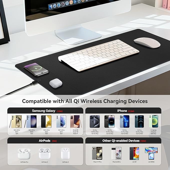 Wireless Charging Mouse Pad 15W Fast Charge Magnetic Charger Desk Pad Large Office Desk Mat (35.4x16.9) with Ultra-Smooth Surface Black Computer Mousepad for MacBook PC Laptop
