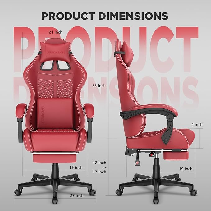 Ferghana Vintage PU Leather Gaming Chair Ergonomic Gamer Chair with Massage High Back Computer Office Chair with Footrest for Adults Racing Style Reclining Video Game Chair (Red)