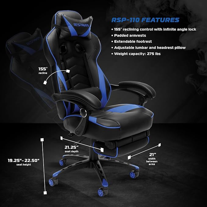 RESPAWN 110 Ergonomic Gaming Chair with Footrest Recliner - Racing Style High Back PC Computer Desk Office Chair - 360 Swivel Adjustable Lumbar Support Headrest Pillow Padded Armrests - 2019 Blue