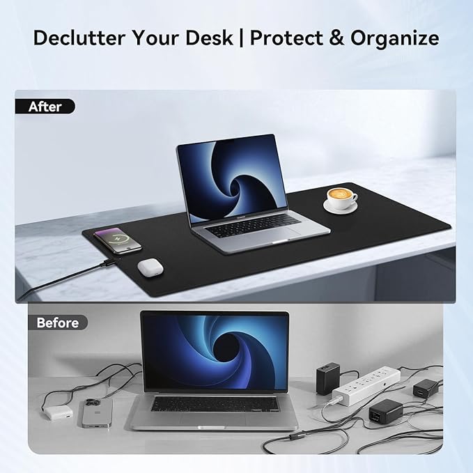 Wireless Charging Mouse Pad 15W Fast Charge Magnetic Charger Desk Pad Large Office Desk Mat (35.4x16.9) with Ultra-Smooth Surface Black Computer Mousepad for MacBook PC Laptop
