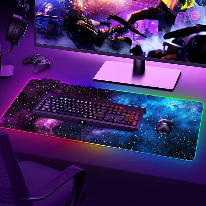 ARTSO RGB Mouse Pad LedXXL Large Mouse Pad Purple Blue Starry Nebula Big Mouse mat Computer Mousepad with 14 Light Modes 35.4 x15.7 Inch Keyboard Mat